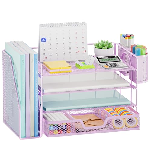 Marbrasse Desk Organizer and Accessories，4-Tier Paper Letter Tray Organizer with File Holder, Workspace Desk Organizers Accessories with Drawer and 2 Pen Holder (Purple, 15.4" x 9.1" x 8.3") - color: Purple