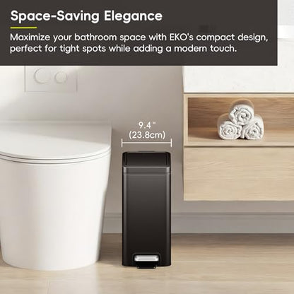 EKO Small Bathroom Trash Can with Lid Soft Close, Step Pedal, 10 Liter / 2.6 Gallon Stainless Steel Garbage Can with Removable Inner Bucket, Anti-Fingerprint Finish (Matte Black) - color: Matte Black, size: 10L