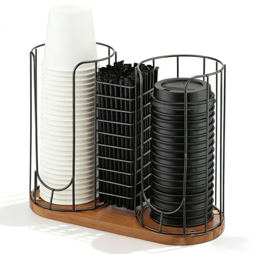 Geelin 18oz Adjustable Coffee Cup Dispenser with Wooden Base, Cup and Lid Holder, Cups Holder Organizer for Coffee Pod Straw and Lid Storage(3-Compartment Single,Color 1) - color: Color 1, style: 3-Compartment Single