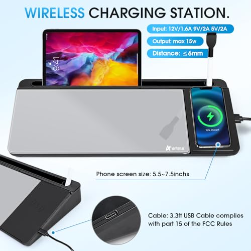 Varhomax Glass Desk Whiteboard with Wireless Charger, Desktop Organizer Dry Erase White Board with Storage, to Do List Memo Notepad for Home and Office Supplies (Black & Gray) - color: Wireless Charger-black & Gray