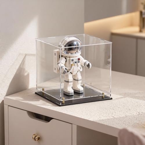 Acrylic Display Case for Collectibles, Dustproof Acrylic Box with Clear Display Elevation & Gold Risers, Large Display Case for Figures Toys Memorabilia, 9" L x 9" W x 9" H - size: 9"L x 9"W x 9"H