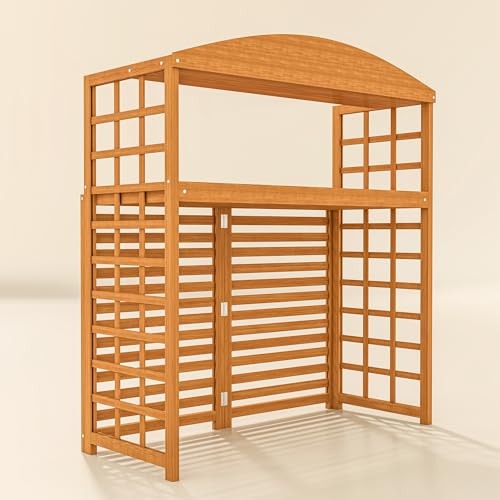 Outsunny Outdoor Air Conditioner Fence with Open Shelves, Wood Outdoor Privacy Screen Potting Table, Pool Equipment Enclosure for Patio, Slatted AC Fence for Outside Unit, Light Brown