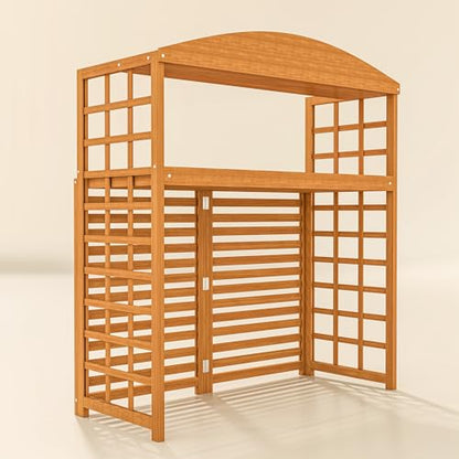 Outsunny Outdoor Air Conditioner Fence with Open Shelves, Wood Outdoor Privacy Screen Potting Table, Pool Equipment Enclosure for Patio, Slatted AC Fence for Outside Unit, Light Brown