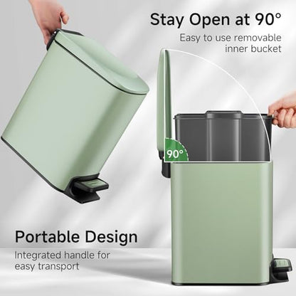 TIPGO Slim Bathroom Trash Can with Lid Soft Close, 6 Liter / 1.6 Gallon Stainless Steel Garbage Can with Removable Inner Bucket, Step Pedal, Small Trash Cans for Bedroom, Office, Kitchen (Green) - color: Green