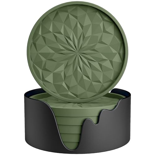 ME.FAN Silicone Coasters with Holder,[6 Pack] Drinking Coasters - Cup Mat for Hot or Cold Drinks, Thickened, Non-Slip, Non-stick,Deep Tray Olive Green - color: Olive Green