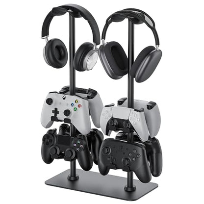 MANMUVIMO Headset Stand Controller Holder for 2 Headset and 8 Controller, Headphone Stand Gaming Controller Holder for PS5 Xbox Airpods Beats Bose, Gaming Room Accessories, Gamer Gifts for Men - size: 2 Headphone 8 Controller Holder Black