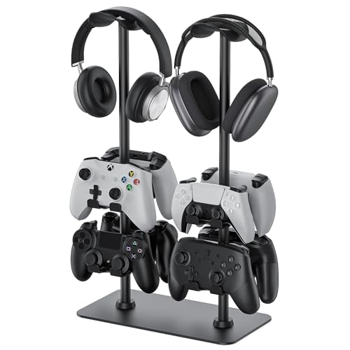 MANMUVIMO Headset Stand Controller Holder for 2 Headset and 8 Controller, Headphone Stand Gaming Controller Holder for PS5 Xbox Airpods Beats Bose, Gaming Room Accessories, Gamer Gifts for Men - size: 2 Headphone 8 Controller Holder Black