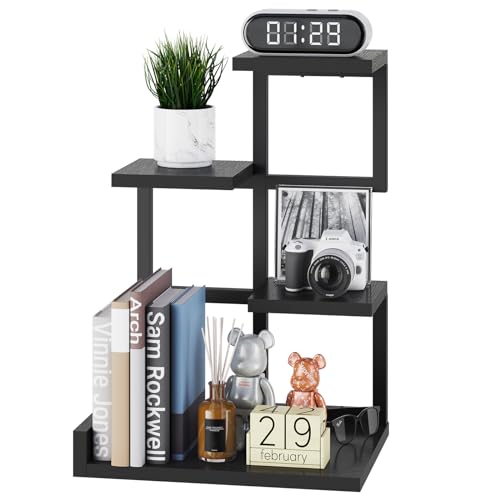 YMYNY Desktop Shelf Organizer, 4 Tier Storage Display Rack, Desk Shelf Organizer Small Bookshelf with Metal Frame for Office, Books, Plants, 12.2" x 9.45" x 17.52", Black UHSR007B - color: Black