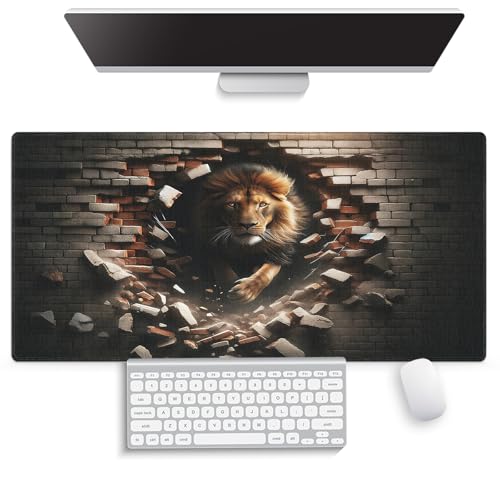 Large Gaming Mouse Pad (31.5" x 15.8") - Lion Modern Illustration of King of The Jungle Emerging from Brick Wall, Extra XXL Extended Office Accessories, Premium Stitched Anti-Slip Desk Mat - color: Lion