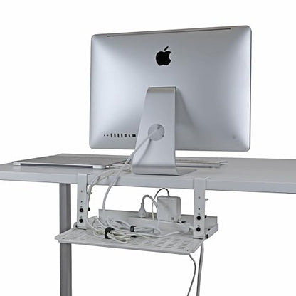 AEONS Universal Under Desk Cable Management Tray-Clamp Mount Hinged Swing Modesty Panel Organizer for Office Desks Easy Access Flip-Down position Power Strip Cord Storage No-Drill 25 lb Capacity White - style: 16" Swing, White