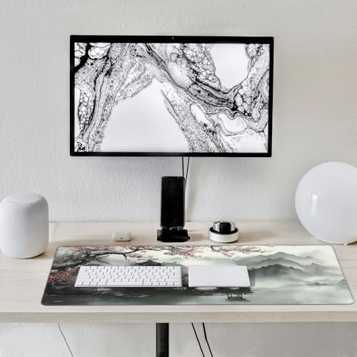 Extra Large Mouse Pad, Chinese Ink Wash Painting Design, 35.4x15.7 Inches, Gaming Keyboard Pad with Stitched Edges and Anti-Slip Rubber Base Plum Blossom - color: Ink plum blossoms