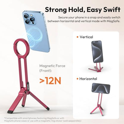ULANZI MA30 Magnetic Phone Tripod Stand for iPhone - Aluminium Maglock Smartphone Mini Tripod Pocket Cell Phone Stand Strong Magnet Quick Mount Compatible with iPhone 17 16 15 14 13 12 Series, Red - color: Red