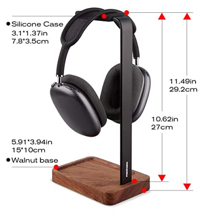 Walnut Wood & Aluminum Headset Holder, Desktop Headphone Stand, Universal headphone holder for most music gaming headsets - Black Walnut