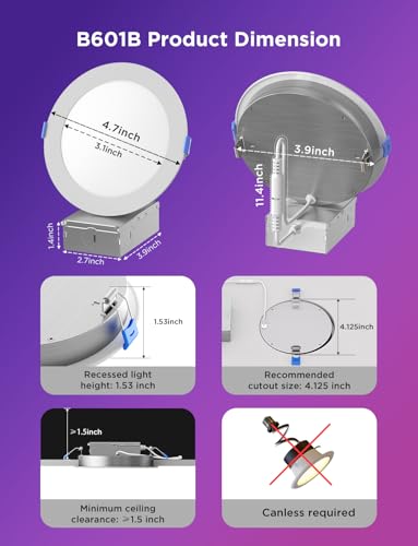 Govee Smart Recessed Lighting 4 Inch, Wi-Fi Bluetooth Direct Connect RGBWW LED Downlight, 65 Scene Mode, Work with Alexa & Google Assistant, LED Recessed Lighting with Junction Box, 850 Lumen, 4 Pack - size: 4 Inch