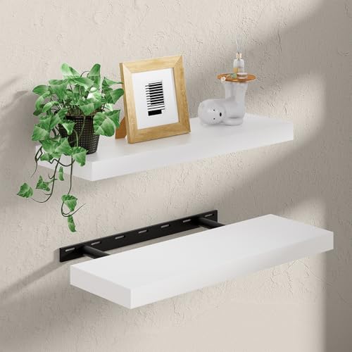 Heimlove Wooden Floating Shelves for Wall, White Pine Shelves Set of 2, 24 in Rustic Wood 8 Inch Deep Floating Shelf with Invisible Brackets for Bedroom Kitchen Living Room - Classic White - color: Classic White, size: 24”Wx8”Dx1.6”H