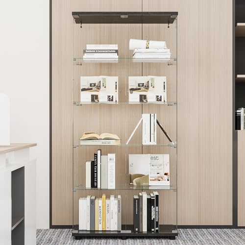 Beauty4U Glass Display Cabinet with 5 Shelves Double Door, Curio Cabinets for Living Room, Bedroom, Office, Black Floor Standing Glass Bookshelf, Quick Installation - color: Black, size: 2-Door 5-Shelf