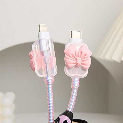 Compatible with iPhone 18W/20W USB-C Charger Cover Cute 3D Bow Tie Design Clear Soft Charger Protector Kawaii Cable Saver for iPhone 11 12 13 14 Pro Max Fast Power Adapter, Pink 2 (5in1) - color: Pink 2 (5 in 1)
