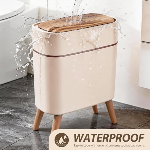 suyika Automatic Trash Can, 2.6 Gallon/10L Bathroom Trash Can with Lid - Wood Grain Lid and Legs, Touchless Waterproof Garbage Bin for Bedroom, Bathroom, Office, Living Room - color: Off-white