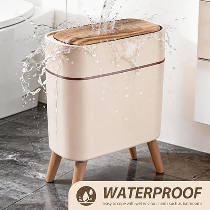 suyika Automatic Trash Can, 2.6 Gallon/10L Bathroom Trash Can with Lid - Wood Grain Lid and Legs, Touchless Waterproof Garbage Bin for Bedroom, Bathroom, Office, Living Room - color: Off-white