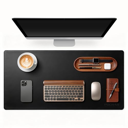 POCHAR Vegan Leather Desk Mat 31" x 16" - Desk Pad Protector for Desktop | Non-Slip PU Leather Dual-Sided Office Desk Blotter for Laptop Mouse Keyboard - Waterproof Writing Signing Pad, Black - color: Black