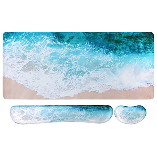 iCasso Keyboard Mouse Pad Set,Extended Gaming Mouse Pad + Keyboard Wrist Rest Support, Memory Foam, Easy Typing Pain Relief, 3Pcs (35.4×15.7 in) Large Ultra Thick Mousepad Desk Mat (Beach) - color: Beach