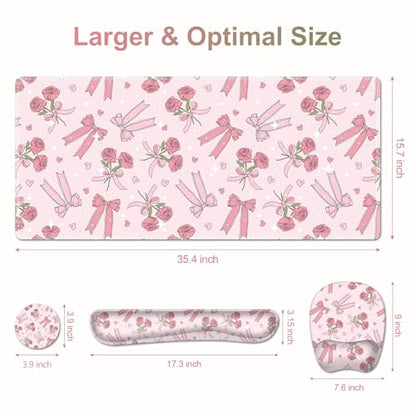 Pink Mouse Pad with Wrist Support 4 in1 Set, XXL Big Game Mousepad + Keyboard Wrist Rest + Mouse Wrist Rest Pad +Coaster Gaming Mat for Home Office Work Computer Laptop PC I Sweet Rose & Heart Bow - color: Sweet Rose & Heart Bow