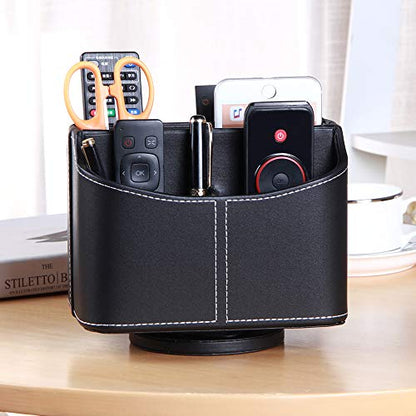 Remote Control Holder 360 Degrees Rotatable Desk Stationery Supply Organizer PU Leather Desktop Storage Box for Controllers Media Bedside Spinning TV Caddy iPad Mobile Pencil Cosmetic - color: A Black