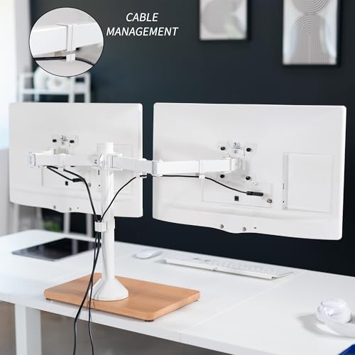 VIVO Freestanding Dual Monitor Stand with Solid Wood Base and Adjustable Arms, Mounts 2 Screens up to 32 inch and 22 lbs Each, White, STAND-V002FD-W - color: White/Wood, size: 13" to 32" Screens