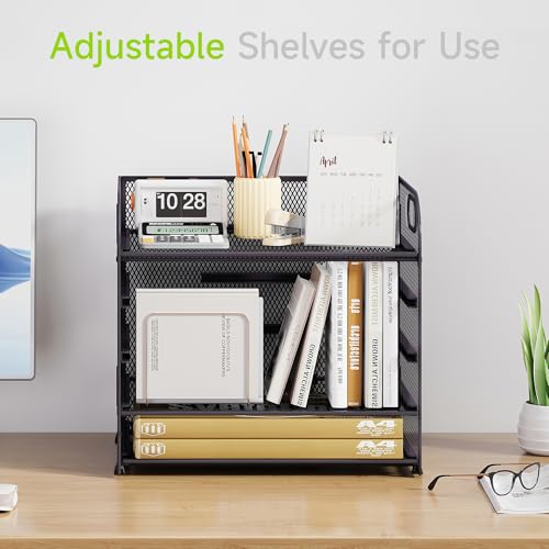Cawukege 5 Tier Paper Organizer with Handle, Grey Metal Mesh Desk Organizer File Folder Paper Letter Tray Desktop Document Sorter for Classroom, School, Office Accessories Organization and Storage - color: Gray