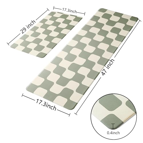Sage Green Beige Retro Curvy Checkered Grid Checkerboard Kitchen Rug Sets [2 PCs], Anti-Fatigue, Waterproof Non-Slip Kitchen Mats Heavy Duty Comfort Foam Rug for Floor, Home, Laundry,17"x29"+17"x47" - color: Milkgrid-sage & Beige, size: 17.3"x29"+17.3"x47