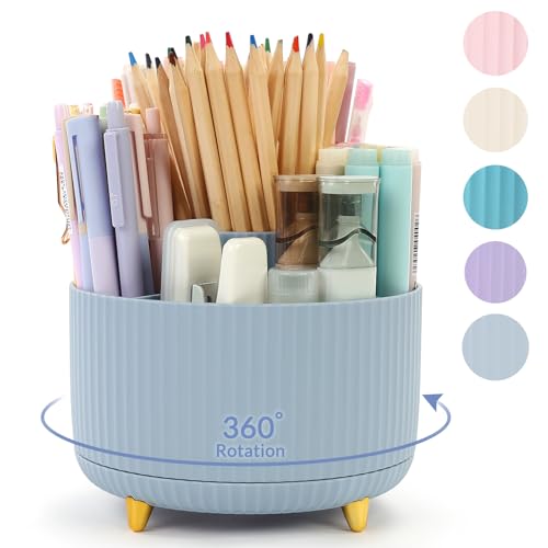 SKYDUE 360 Degree Rotating Desk Organizer, Dual-Purpose Pencil Pen Holder, Rotating Desk Pen Organizer with 5 Slots, Pencil Cup for Office, School, Home (Airy Blue) - color: Airy Blue_1Pack