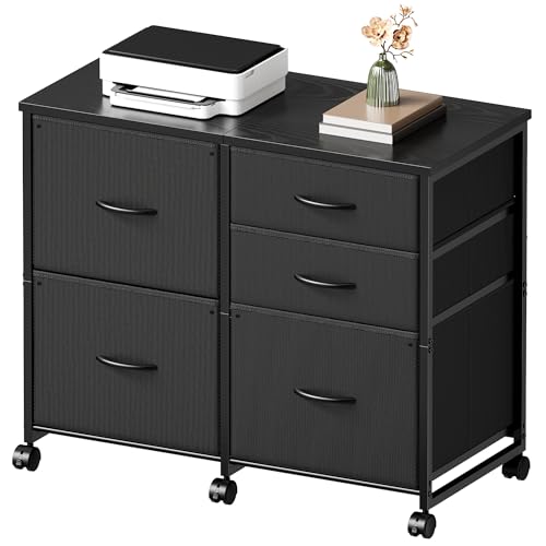 YeTom Lateral File Cabinet with 5 Drawers Rolling Filing Cabinets Under Desk Storage Printer Stand with Wheels,Mobile File Cabinet for Home Office,Black - color: Black