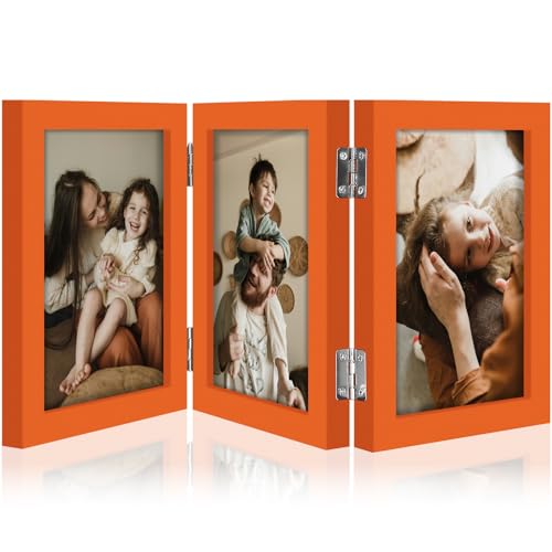 decorUhome Orange Triple 4x6 Picture Frame Vertical, MDOR08 | "Z" Shape Folding Design Engineered Wood Trifold Photo Frame with Plexiglass for Tabletop Display - color: Orange, size: 4x6