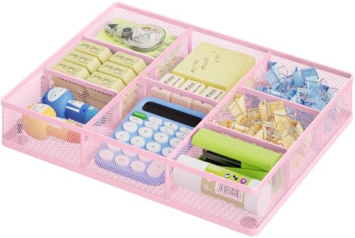 Marbrasse Pink Desk Drawer Organizer, Metal Mesh Drawer Organizer Tray with 5 Adjustable Compartments,Desk Organizers and Accessories for Home,Office,Kitchen,Makeup,Vanity (Pink) - color: Pink