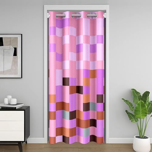 Manfei Pixel Grid Theme Door Curtain 60" Wx80 L Video Gaming Blocks Window Treatments Home Decor Geometric Colorful Plaid Lattice Pink Purple Room Curtains for Couch Living Room Bedroom - color: Purple, size: 60"W x 80"L (Pack of 1)
