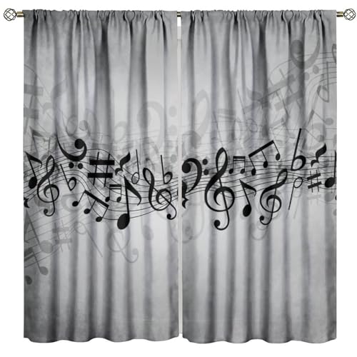 Music Notes Curtain, Musical Notes Rhythm of The Song Curtain Black and White Singing Clef Ornamental Window Treatments for Bedroom Living Room Home 42" W X 45" L(No Blackout) - color: Music-6, size: 20.5"W x 45"L (Pack of 2)