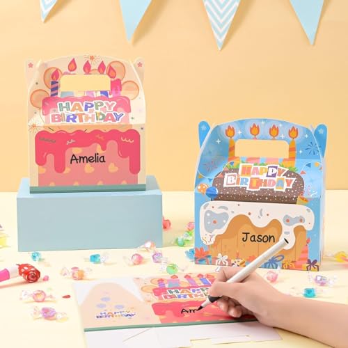 WERNNSAI 12 Pcs Cake Gable Favor Boxes Candy Boxes for Birthday Decoration | DIY Write-On Tags, 4 Assorted Styles, Sturdy and Easy to Assemble, Birthday Decorations for Kids - color: Birthday Cake