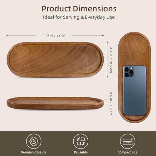TJ POP Acacia Wood Serving Tray, Wooden Decorative Tray for Coffee Table, Kitchen, Bathroom Counter - Wood Platter for Candles, Perfume, Snacks (11.4 x 4.1 x 0.6 in) - color: Oval Serving Tray