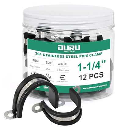 OURU 12pcs 1-1/4 Inch Pipe Clamp 304 Stainless Steel, Heavy Duty Rubber Cushioned Insulated Pipe Strap, U Bracket Clamp Conduit Clamp for Automotive, Wire & Tube - size: 1-1/4"