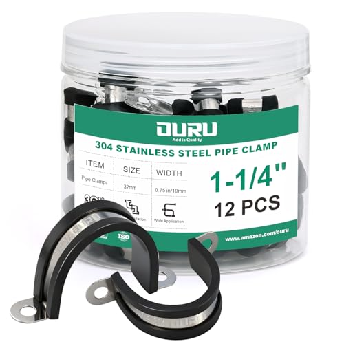 OURU 12pcs 1-1/4 Inch Pipe Clamp 304 Stainless Steel, Heavy Duty Rubber Cushioned Insulated Pipe Strap, U Bracket Clamp Conduit Clamp for Automotive, Wire & Tube - size: 1-1/4"