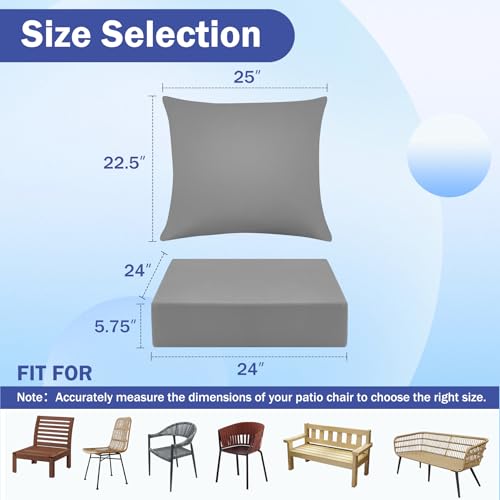 IASEAHK Outdoor Seat Cushion Set, Waterproof & Fade Resistant Patio Chair Cushions, Outdoors Cushion for Patio Furniture, 24 x 24 x 5.75 Inch, Outdoor Couch Cushions with Handle and Ties, Grey - color: Grey, size: 24*24+5.75/25*22.5