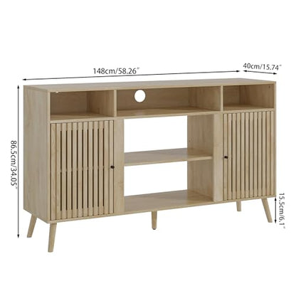 Oubayajia Mid Century Modern TV Stand, Fluted TV Stand for 65 Inch TV, Entertainment Center with Adjustable Shelf, Media Console, Wood Feet, Cord Holes, for Living Room (Wood, 58.26'')