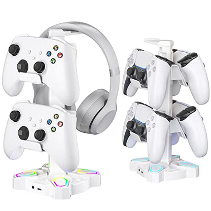 KDD Gaming Headphones Stand, Rotatable Headset Stand with Light Modes - Controller Holder with 2 USB Charging Ports and 3.5mm - Earphone Hanger Accessories for Desktop Gamer(White) - color: White