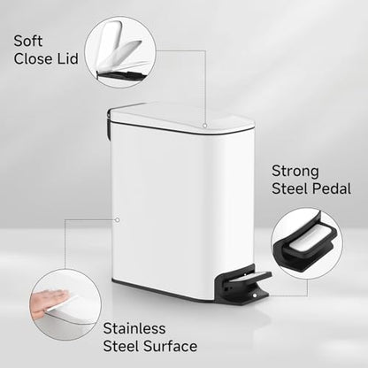TIPGO Slim Bathroom Trash Can with Lid Soft Close, Step Pedal, 6 Liter / 1.6 Gallon Stainless Steel Garbage Can with Removable Inner Bucket, Anti-Fingerprint Finish (White) - color: White