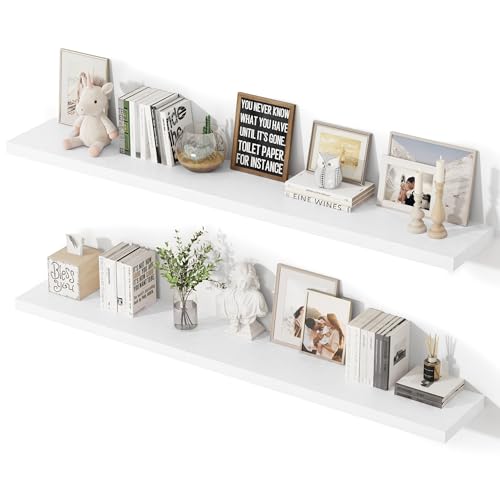 55 Inch Floating Shelves, 12 Inch Deep Floating Shelves for Wall, Extra Deeper & Thicker Wooden Wall Shelf with Invisible Brackets, Shelf for Bedroom Living Room Home Decor（White, Set of 2） - color: White, size: 55"W x 12"D x 2"H, Set of 2