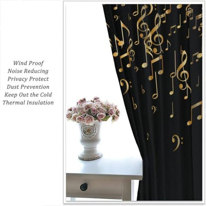 Musical Notes Curtains, Golden Music Note Print Black Background Modern Art Window Treatments Drapes for Living Room Bedroom Kitchen Home 42" W X 45" L(No Blackout) - color: Musical-10, size: 20.5"W x 45"L (Pack of 2)