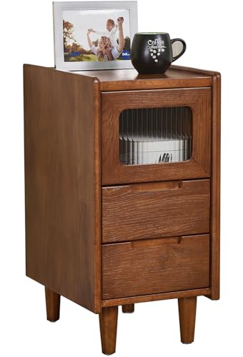 Narrow Nightstand 2 Drawers & Glass Door Cabinet with Open Shelf Narrow Night Stand Solid Wood Bedside Table Mid Century Modern Nightstand Wooden End Table for Bedroom, Living Room, Study, Office - size: 11.81"W × 15.75"D × 23.81"H