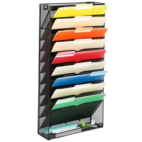 EASEPRES Desk File Organizer Mesh 11-Tier, Hanging Wall Mount Document Organization Stand, Desktop Vertical Mail Paper Folder Holder Rack with Bottom Tray for Office Home Cubicle Countertop, Black - color: Black, size: 10 Tier Upgrade