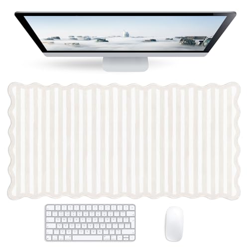 Striped Beige Scalloped Mouse Pad,Cute Kawaii Stripes Large Desk Mat Non-Slip Rubber Base,Aesthetic Decor Gaming Computer Desk Pad for Office Laptop Mouse Keyboard Pad, 31.5" x 15.7", XL - color: Striped Beige