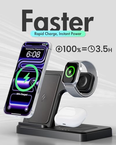Wireless Charger iPhone Charging Station: 3 in 1 Charger Stand Multiple Devices for Apple - iPhone 17 16e 16 15 14 Pro Max 13 12 11 - Watch 11 10 9 8 7 6 5 4 3 2 SE and Ultra Series - Airpods 4 3 Pro - color: Black